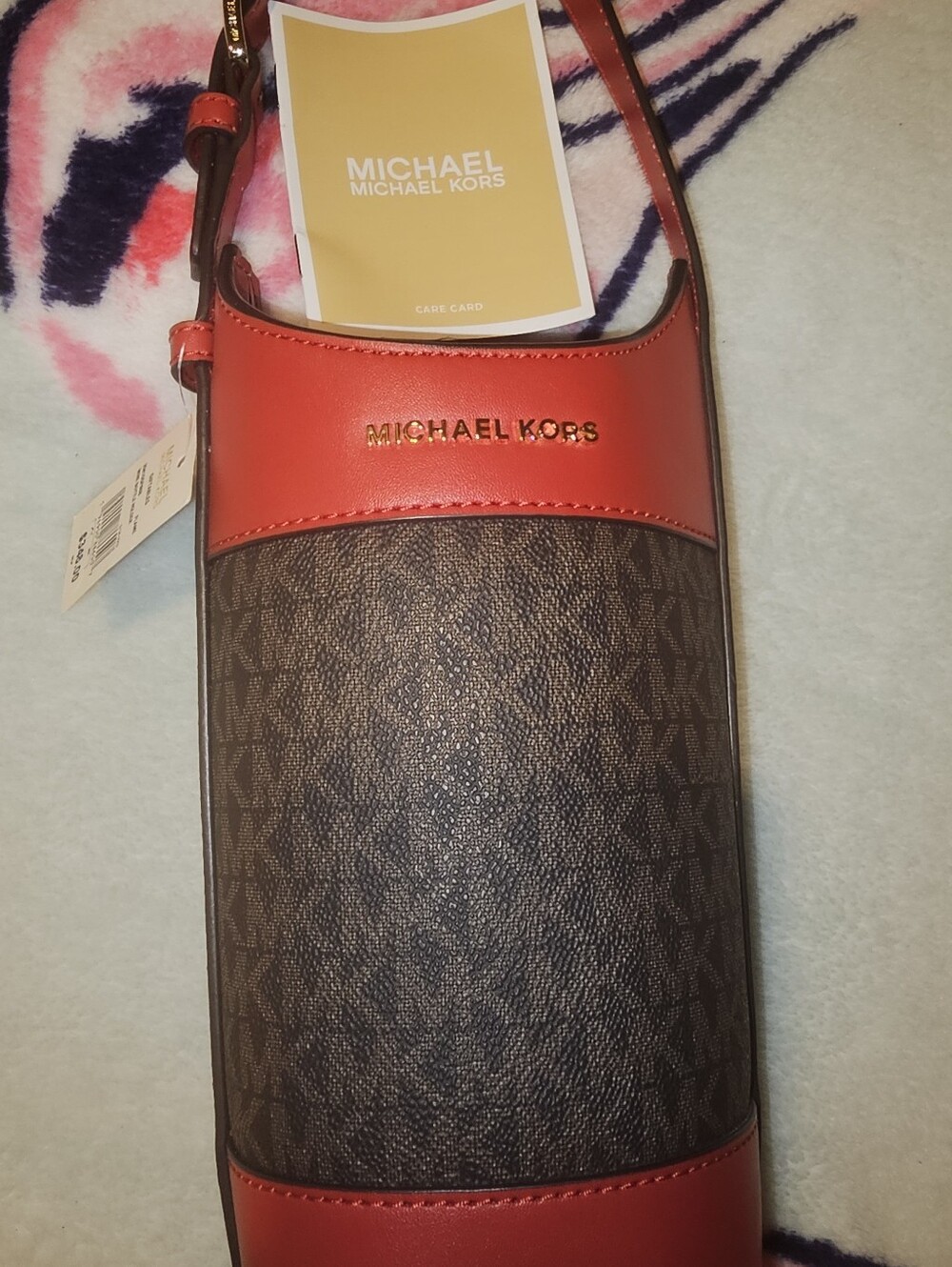 Michael Kors Brown MK Logo Wine Bag with Red Trim